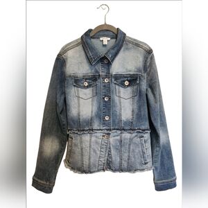 TRIBAL JEANS DENIM JEAN JACKET DISTRESSED STRETCH SIZE MEDIUM EUC